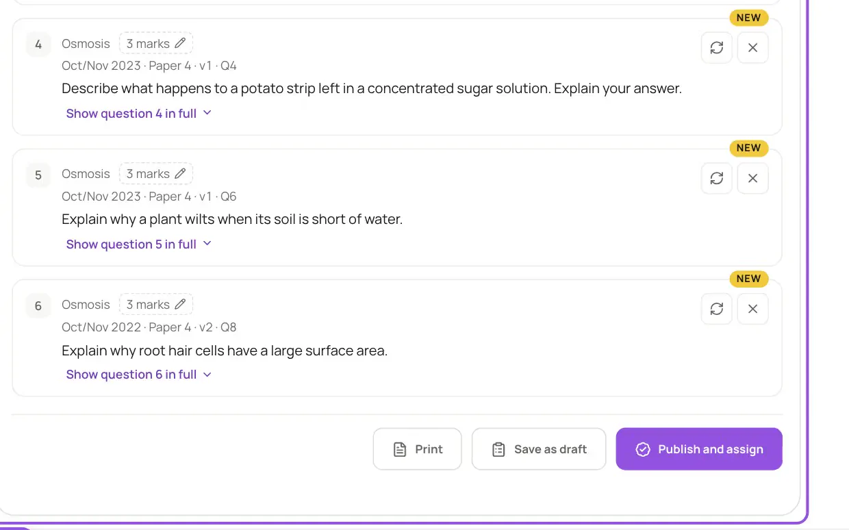 Homework Klaro built on a sample course: past-paper questions, each with its paper, year and question number